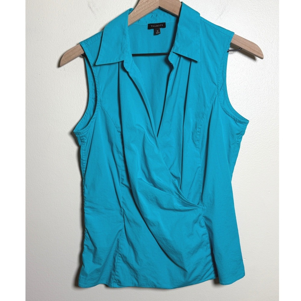 Talbots Womens Cotton Sleeveless Faux Wrap Top 10 Turquoise Blue Blouse Career